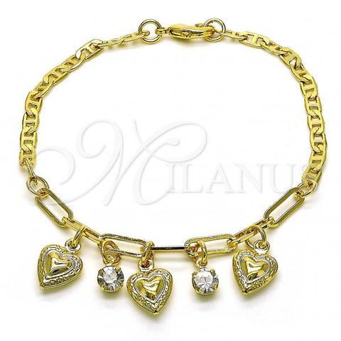 Oro Laminado Charm Bracelet, Gold Filled Style Heart and Paperclip Design, with White Crystal, Polished, Golden Finish, 03.63.2230.08