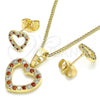 Oro Laminado Earring and Pendant Adult Set, Gold Filled Style Heart Design, with Garnet and White Micro Pave, Polished, Golden Finish, 10.233.0043.1