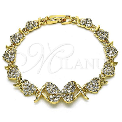 Oro Laminado Fancy Bracelet, Gold Filled Style Hugs and Kisses and Butterfly Design, with White Micro Pave, Polished, Golden Finish, 03.283.0316.07