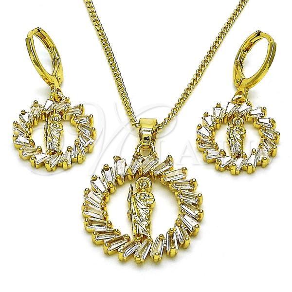 Oro Laminado Earring and Pendant Adult Set, Gold Filled Style San Judas and Baguette Design, with White Cubic Zirconia, Polished, Golden Finish, 10.316.0072