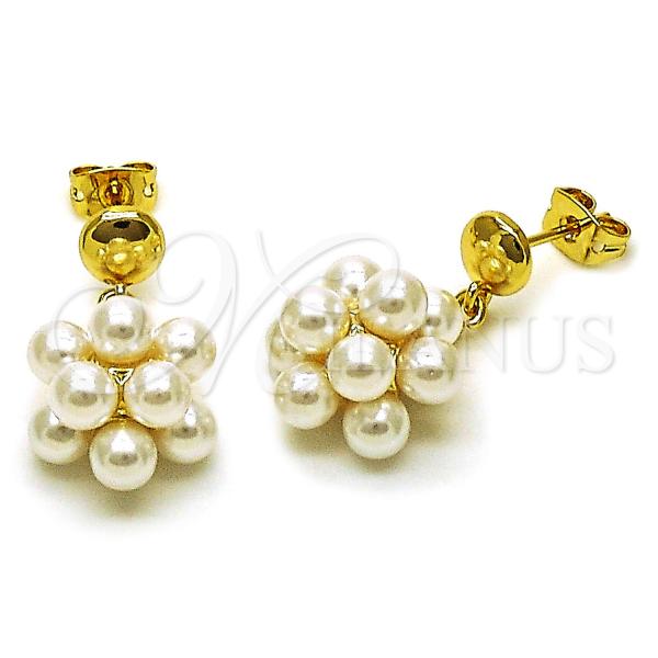 Oro Laminado Dangle Earring, Gold Filled Style Ball Design, with Ivory Pearl, Polished, Golden Finish, 02.341.0246