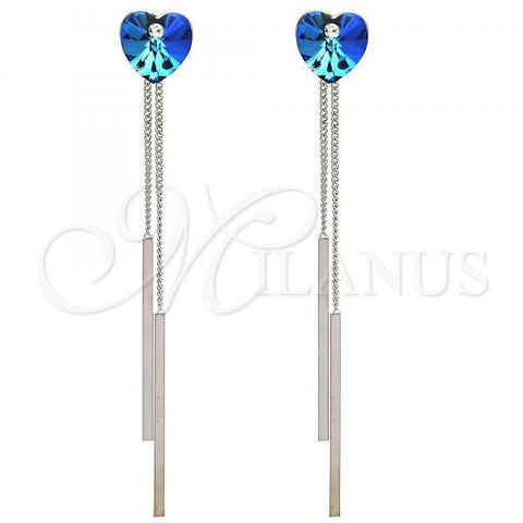 Rhodium Plated Long Earring, Heart Design, with Bermuda Blue and Crystal Swarovski Crystals, Polished, Rhodium Finish, 02.239.0023.1