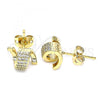 Oro Laminado Stud Earring, Gold Filled Style with White Micro Pave, Polished, Golden Finish, 02.342.0146