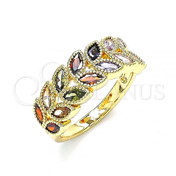 Oro Laminado Multi Stone Ring, Gold Filled Style Leaf Design, with Multicolor Cubic Zirconia, Polished, Golden Finish, 01.346.0019.1.09