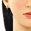 Oro Laminado Stud Earring, Gold Filled Style Cross and Heart Design, with White Micro Pave, Polished, Golden Finish, 02.342.0120