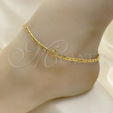 Oro Laminado Fancy Anklet, Gold Filled Style Mariner and Owl Design, Polished, Golden Finish, 03.32.0618.10