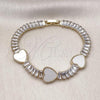 Oro Laminado Fancy Bracelet, Gold Filled Style Heart and Baguette Design, with Ivory Mother of Pearl and White Cubic Zirconia, Polished, Golden Finish, 03.283.0423.3.07