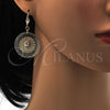 Oro Laminado Dangle Earring, Gold Filled Style Filigree and Flower Design, with White Crystal, Diamond Cutting Finish, Golden Finish, 90.006