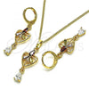 Oro Laminado Earring and Pendant Adult Set, Gold Filled Style Heart and Teardrop Design, with Multicolor and White Cubic Zirconia, Polished, Golden Finish, 10.357.0015