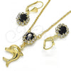 Oro Laminado Earring and Pendant Adult Set, Gold Filled Style Dolphin Design, with Black and White Crystal, Polished, Golden Finish, 10.122.0008.1
