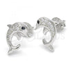 Sterling Silver Stud Earring, Dolphin Design, with Black and White Cubic Zirconia, Polished, Rhodium Finish, 02.336.0082