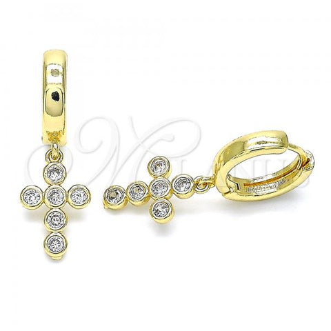 Oro Laminado Huggie Hoop, Gold Filled Style Cross Design, with White Cubic Zirconia, Polished, Golden Finish, 02.210.0514.15
