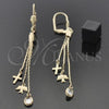 Oro Laminado Long Earring, Gold Filled Style Bird and Cross Design, with White Crystal, Polished, Golden Finish, 5.065.008