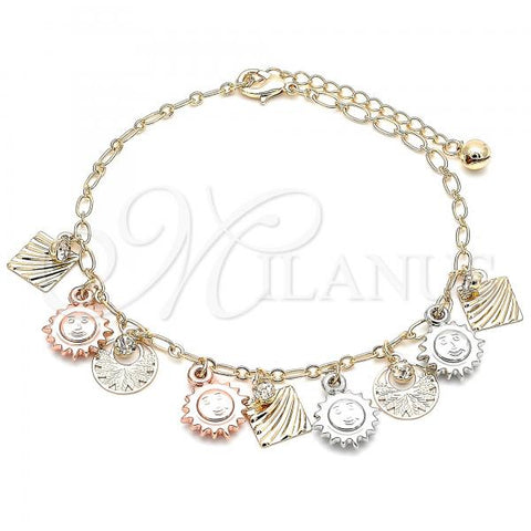 Oro Laminado Charm Anklet , Gold Filled Style Sun Design, with White Crystal, Polished, Tricolor, 03.331.0056.10