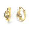 Oro Laminado Huggie Hoop, Gold Filled Style Flower Design, with White Crystal, Polished, Golden Finish, 02.164.0034