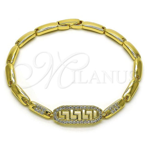 Oro Laminado Fancy Bracelet, Gold Filled Style Greek Key Design, with White Micro Pave, Polished, Golden Finish, 03.283.0326.07