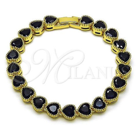 Oro Laminado Tennis Bracelet, Gold Filled Style Heart Design, with Sapphire Blue Cubic Zirconia, Polished, Golden Finish, 03.424.0005.1.07