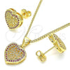 Oro Laminado Earring and Pendant Adult Set, Gold Filled Style Heart Design, with Ruby Micro Pave, Polished, Golden Finish, 10.156.0268.1