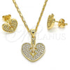 Oro Laminado Earring and Pendant Adult Set, Gold Filled Style Heart Design, with White Micro Pave, Polished, Golden Finish, 10.156.0149