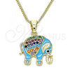 Oro Laminado Pendant Necklace, Gold Filled Style Elephant Design, with Multicolor Micro Pave, Turquoise Enamel Finish, Golden Finish, 04.210.0054.3.20