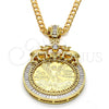 Oro Laminado Religious Pendant, Gold Filled Style Greek Key and Centenario Coin Design, with White and Ruby Cubic Zirconia, Polished, Golden Finish, 05.26.0043