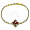 Oro Laminado Tennis Bracelet, Gold Filled Style Flower and Four-leaf Clover Design, with Garnet Cubic Zirconia and White Micro Pave, Polished, Golden Finish, 03.284.0038.1.08