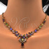 Oro Laminado Necklace and Earring, Gold Filled Style Flower and Teardrop Design, with Multicolor Cubic Zirconia, Polished, Golden Finish, 06.221.0008.1