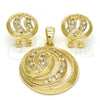 Oro Laminado Earring and Pendant Adult Set, Gold Filled Style Greek Key Design, with White Crystal, Polished, Golden Finish, 10.160.0052