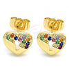 Oro Laminado Stud Earring, Gold Filled Style Heart Design, with Multicolor Micro Pave, Polished, Golden Finish, 02.210.0416.1