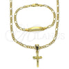 Oro Laminado Necklace and Bracelet, Gold Filled Style Figaro and Crucifix Design, Polished, Golden Finish, 06.63.0270