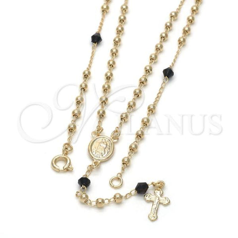 Oro Laminado Thin Rosary, Gold Filled Style Guadalupe and Crucifix Design, with Black Azavache, Polished, Golden Finish, 09.09.0009.18