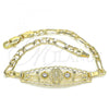 Oro Laminado Fancy Bracelet, Gold Filled Style Guadalupe and Flower Design, with White Crystal, Polished, Golden Finish, 03.351.0088.08