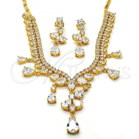 Oro Laminado Necklace and Earring, Gold Filled Style Teardrop Design, with White Cubic Zirconia, Polished, Golden Finish, 06.221.0005