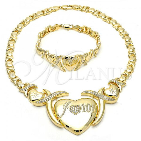 Oro Laminado Necklace and Bracelet, Gold Filled Style Heart and Hugs and Kisses Design, with White Cubic Zirconia, Diamond Cutting Finish, Golden Finish, 06.185.0014
