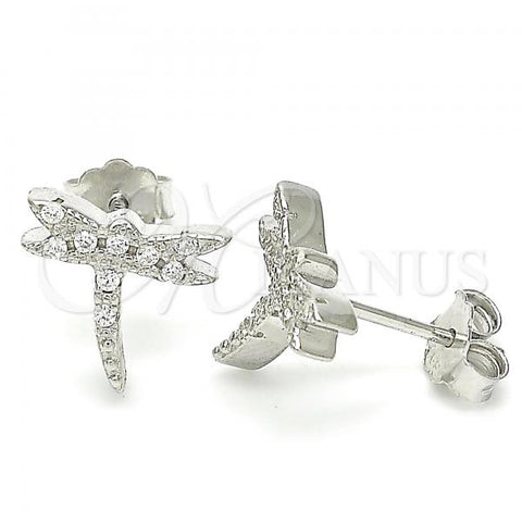 Sterling Silver Stud Earring, Dragon-Fly Design, with White Cubic Zirconia, Polished, Rhodium Finish, 02.336.0162