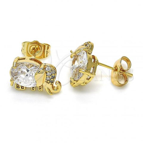 Oro Laminado Stud Earring, Gold Filled Style Elephant Design, with White Cubic Zirconia and White Micro Pave, Polished, Golden Finish, 02.210.0159