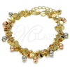 Oro Laminado Charm Bracelet, Gold Filled Style Ball and Rattle Charm Design, Polished, Tricolor, 03.331.0029.08