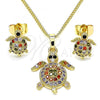 Oro Laminado Earring and Pendant Adult Set, Gold Filled Style Turtle Design, with Multicolor Micro Pave, Polished, Golden Finish, 10.284.0023.1