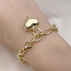 Oro Laminado Fancy Bracelet, Gold Filled Style Rolo and Heart Design, Diamond Cutting Finish, Golden Finish, 03.331.0298.08