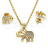 Oro Laminado Earring and Pendant Adult Set, Gold Filled Style Elephant Design, with White and Ruby Micro Pave, Polished, Golden Finish, 10.199.0079