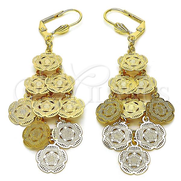 Oro Laminado Chandelier Earring, Gold Filled Style Flower Design, Diamond Cutting Finish, Golden Finish, 5.082.012