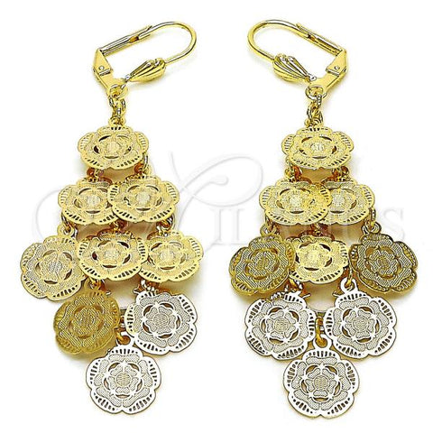 Oro Laminado Chandelier Earring, Gold Filled Style Flower Design, Diamond Cutting Finish, Golden Finish, 5.082.012