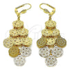 Oro Laminado Chandelier Earring, Gold Filled Style Flower Design, Diamond Cutting Finish, Golden Finish, 5.082.012