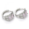 Rhodium Plated Huggie Hoop, Flower Design, with Pink and White Cubic Zirconia, Polished, Rhodium Finish, 02.210.0087.12.15