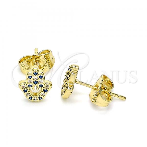 Oro Laminado Stud Earring, Gold Filled Style Hand of God Design, with Sapphire Blue and White Micro Pave, Polished, Golden Finish, 02.156.0604.2