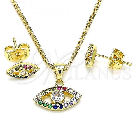 Oro Laminado Earring and Pendant Adult Set, Gold Filled Style Evil Eye Design, with White Cubic Zirconia and Multicolor Micro Pave, Polished, Golden Finish, 10.156.0401