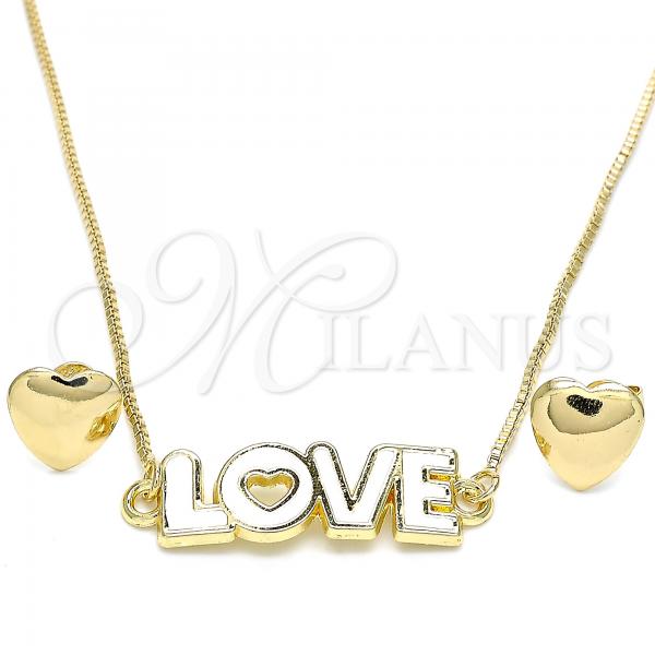 Oro Laminado Earring and Pendant Adult Set, Gold Filled Style Love and Heart Design, White Enamel Finish, Golden Finish, 06.63.0216