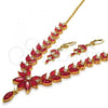 Oro Laminado Necklace and Earring, Gold Filled Style Leaf Design, with Ruby Cubic Zirconia, Polished, Golden Finish, 06.221.0001