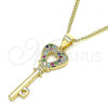 Oro Laminado Pendant Necklace, Gold Filled Style key and Heart Design, with Multicolor Micro Pave, Polished, Golden Finish, 04.344.0016.2.20