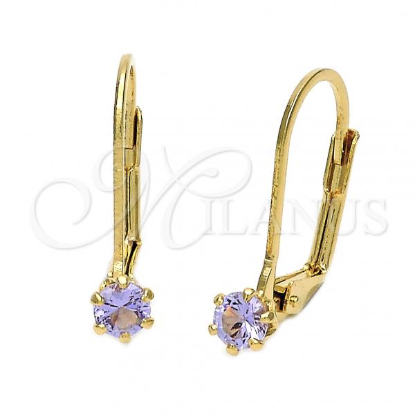 Oro Laminado Leverback Earring, Gold Filled Style with Lavender Cubic Zirconia, Polished, Golden Finish, 5.128.097